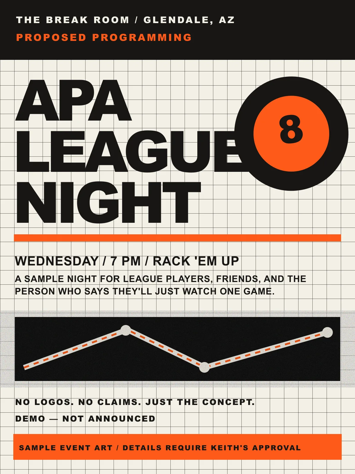 Black, cream, and orange grid sample event flyer for APA League Night