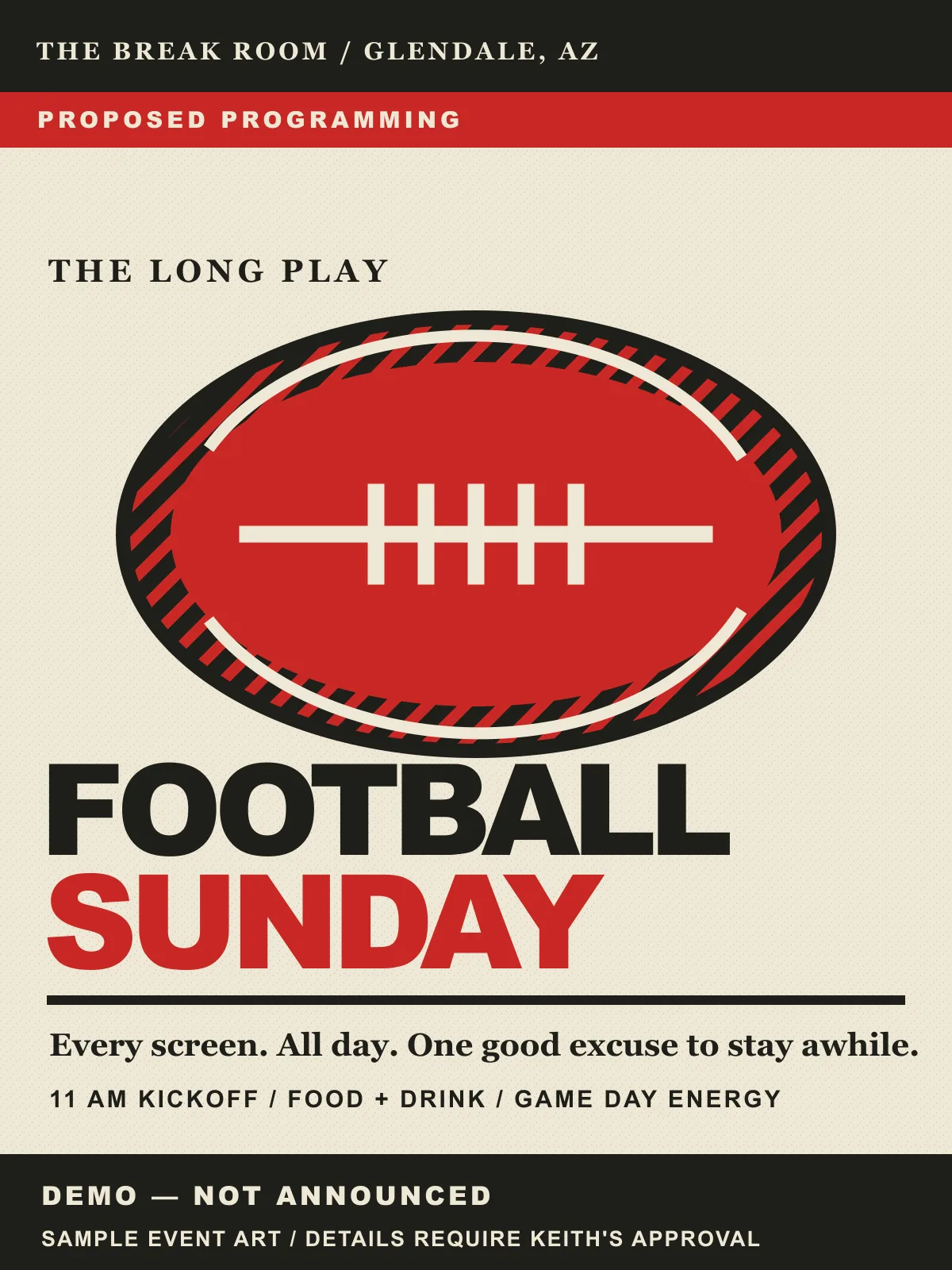Cream, red, and black retro sports-print sample event flyer for Football Sunday