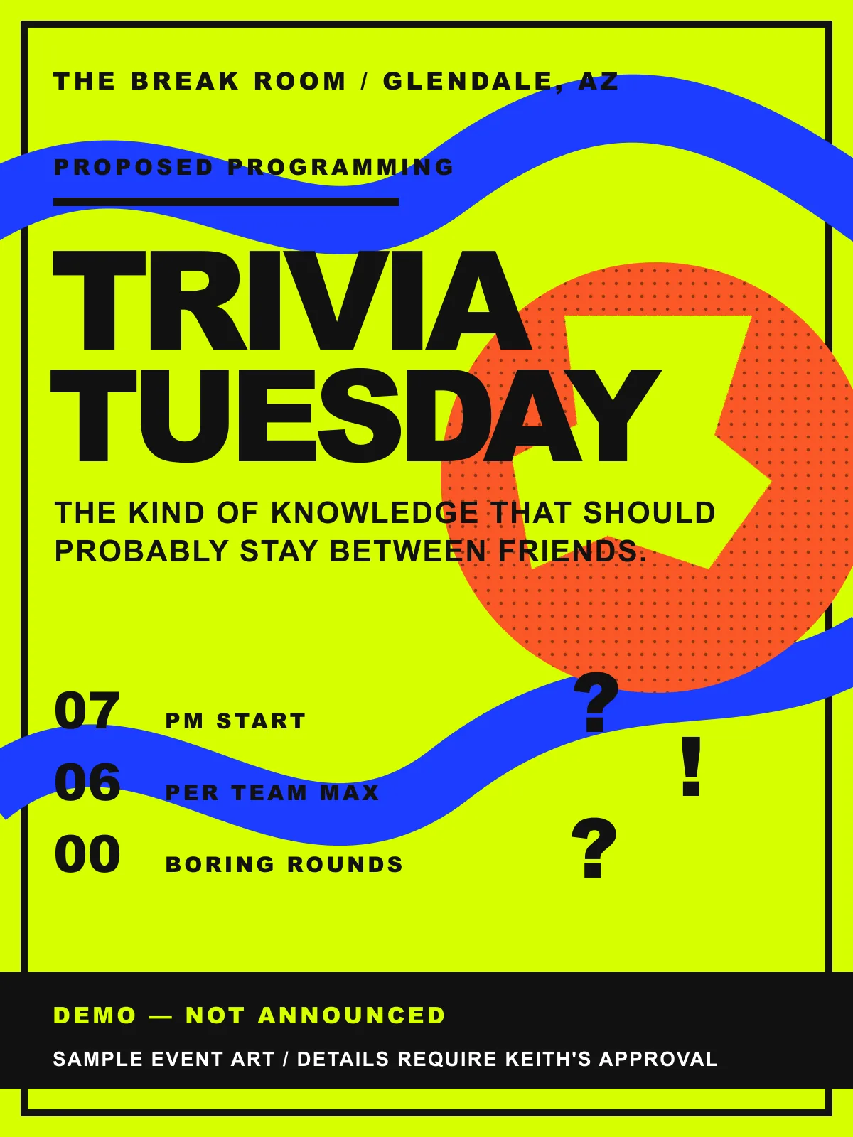 Acid chartreuse and cobalt sample event flyer for Trivia Tuesday