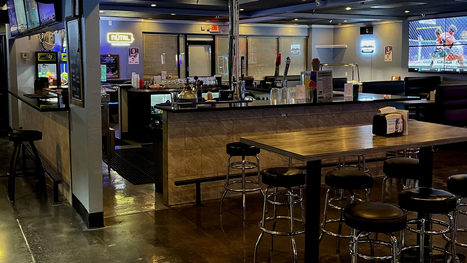 Actual bar rail at The Break Room, editorially graded from client-supplied photography