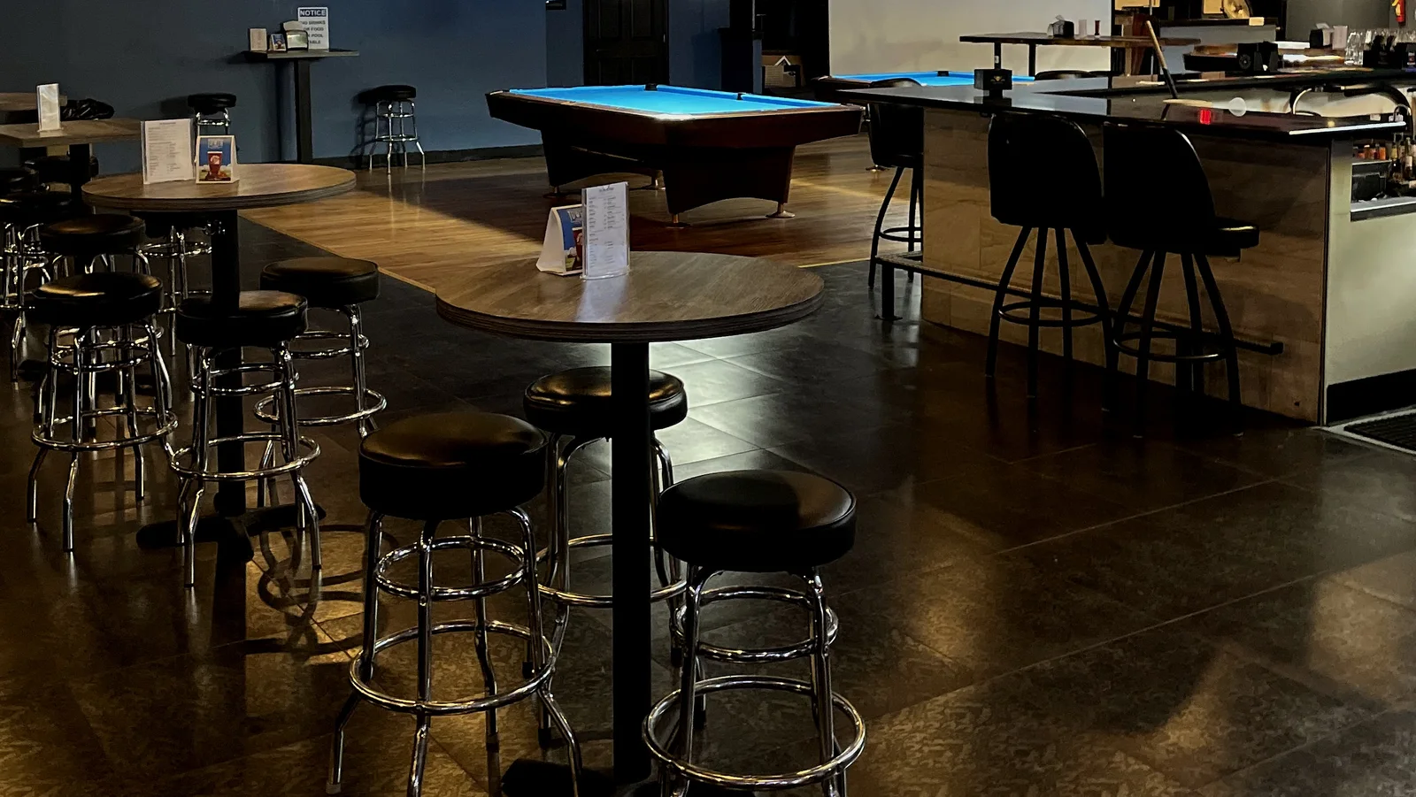 Actual pool room at The Break Room, editorially graded from client-supplied photography